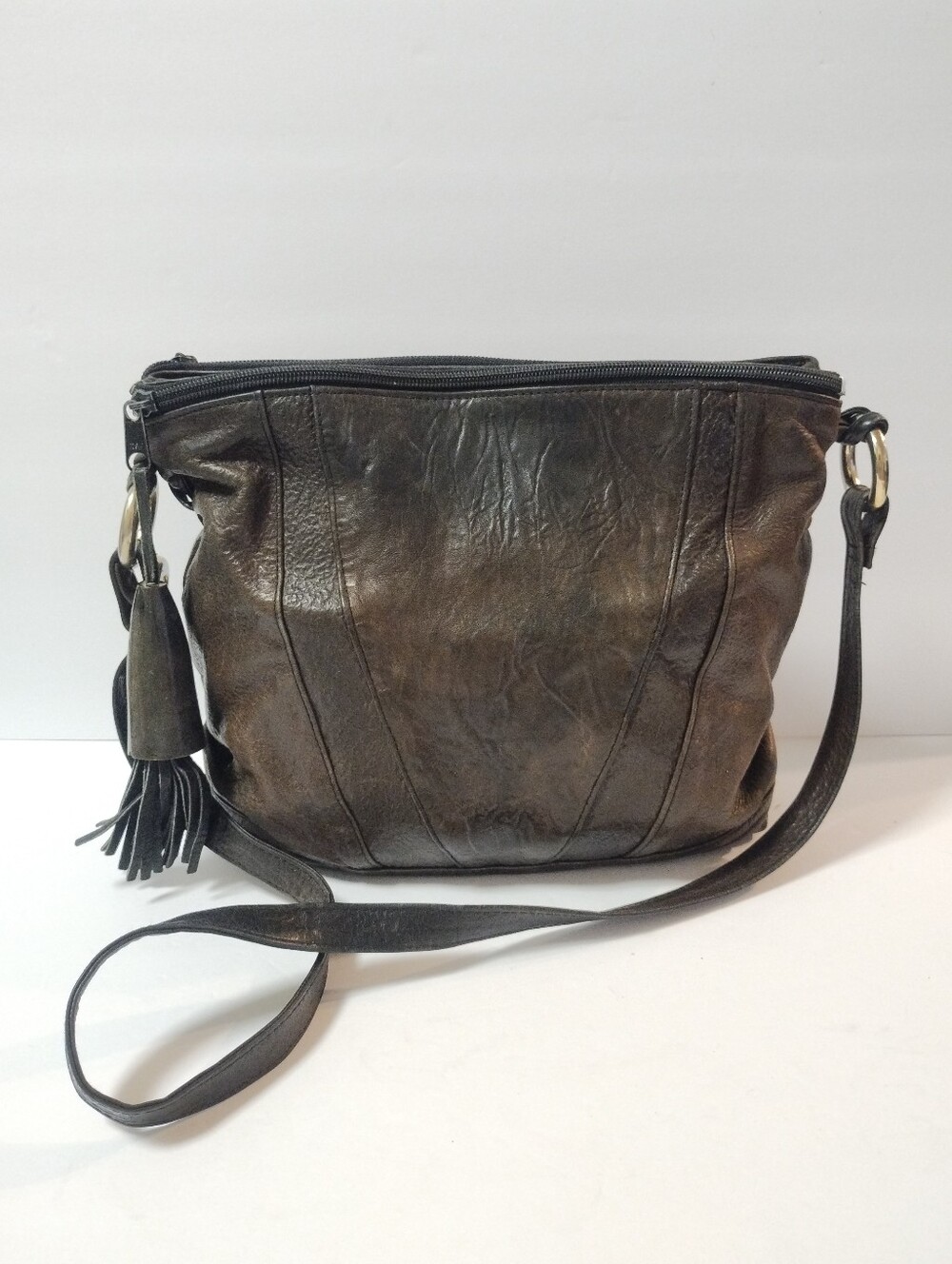 Rare Vintage Marco Avane Leather Shoulder Crossbody Bag Horn and Fringe Detail